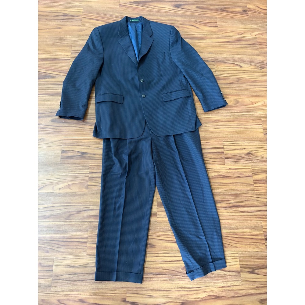 Lauren Ralph Lauren Mens Navy Pinstripe Wool Suit 44R 3 Button Pleated 38W